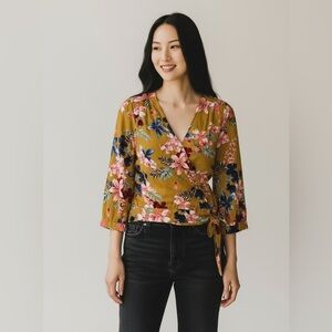 2/$30 Japna Mustard Yellow Gold with Pink and White Floral Wrap Tie Front Blouse